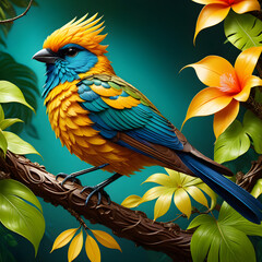 As you gaze up into the sky, your eyes are drawn to a truly captivating sight. A vibrant bird, with its brilliantly colored feathers, perches gracefully on a sturdy branch amidst a lush green canopy. 