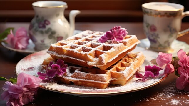sweet belgium waffle food illustration crispy toppings, syrup butter, fruit chocolate sweet belgium waffle food