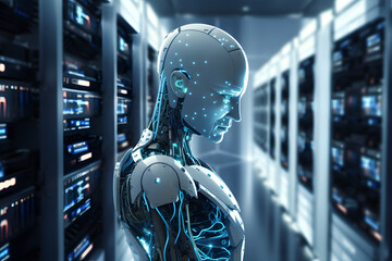 Futuristic android head profile in a data center - obrazy, fototapety, plakaty