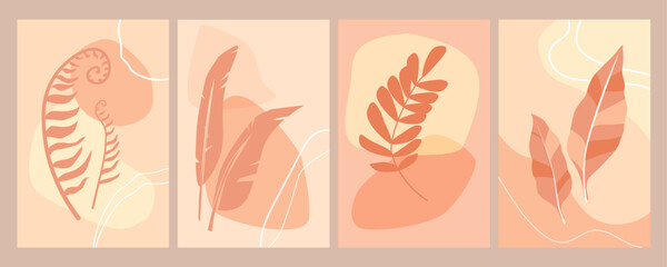 Fototapeta na wymiar Set of horizontal posters with abstract leaves, lines, shapes. Silhouettes of tropical plants in trendy peach colors. Vector graphics.