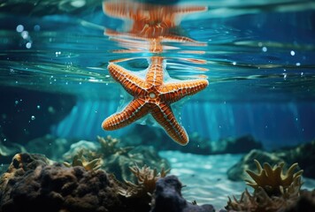 a starfish is in the shallow water of an ocean - obrazy, fototapety, plakaty