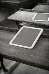 Blank Wooden Slates on School Desks Monochrome and Textured