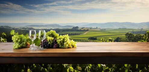 a table with wine and grapes sitting in front of vineyard