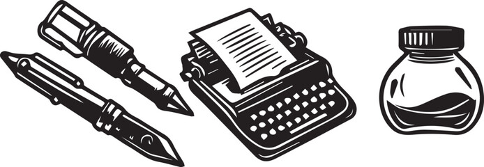 vector illustration of typewriter ink and pens - obrazy, fototapety, plakaty
