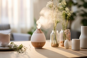 an aroma diffuser on a table in a living room - obrazy, fototapety, plakaty