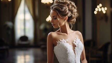 bride wearing an updo in white with white pearls - obrazy, fototapety, plakaty