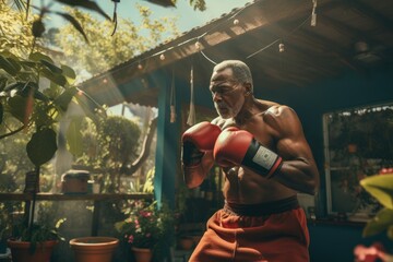 senior african american man with a seasoned boxer's physique poses confidently with red gloves in a sunlit, green fringed home gym, radiating experience and resilience - Powered by Adobe