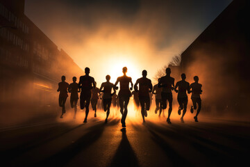 In the soft light of early morning, a group of silhouetted runners emerges through the fog, their disciplined strides synchronizing with the heartbeat of the waking city - obrazy, fototapety, plakaty