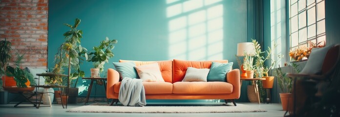 bright living room interior with colorful walls and remodeled interior - obrazy, fototapety, plakaty