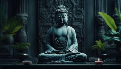 buddha sitting on the table against the wall of the building