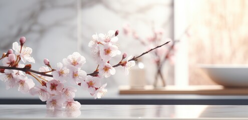 cherry blossoms blooming on a white table with a vase of water