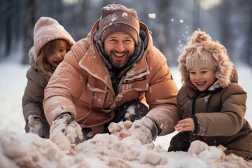 family having fun in snow with two children - obrazy, fototapety, plakaty