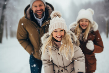 family having fun in snow with two children - obrazy, fototapety, plakaty