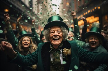 Fototapeta premium four elderly saint patrick's day citizens celebrating party with beer on a city street