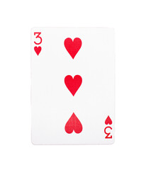Three of hearts playing card on a transparent background 