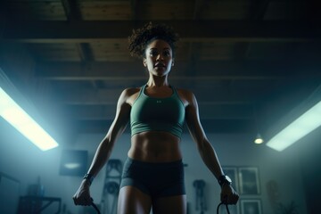 Fototapeta na wymiar powerful young African American woman stands with jump ropes in a gym, her physique and stance exuding strength and focus under dramatic lighting