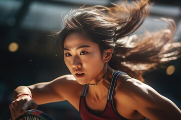 energetic young Asian woman intensely focused during a tennis match, her dynamic posture and determination evident in the action shot - obrazy, fototapety, plakaty