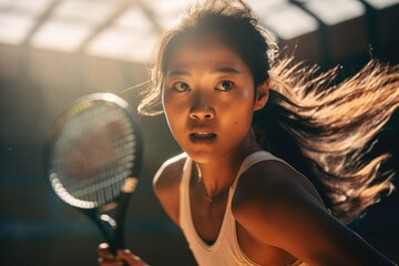 energetic young Asian woman intensely focused during a tennis match, her dynamic posture and determination evident in the action shot