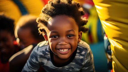 group of african american curly cute smiling children on inflatable bright colored playground on inflatable trampoline AI