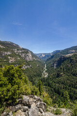 View of Yosemite valley in Yosemite National Park, shot on summer day with no clouds in the sky