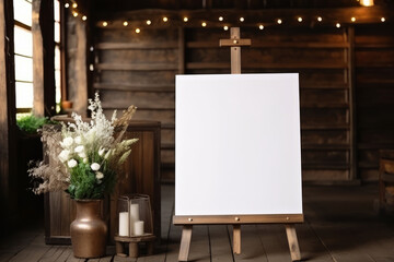 Wooden blank white easel mockup. Board for wedding inscription. Generative AI