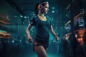 young adult woman with a medium complexion, jogs in place, enhanced by a vivid, interactive biometric interface highlighting her muscles and movement