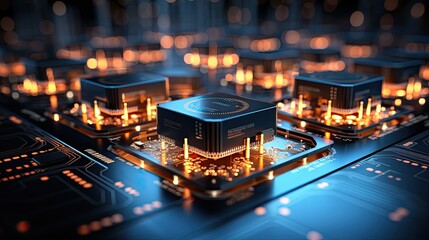 quantum computing center, supercomputers, complex circuitry, data processing, cybernetic, cool blue lighting, computational science photography style