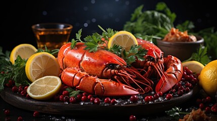 seafood grill, lobster, shrimps, lemon slices, seaside, fresh catch, maritime theme, savory, ocean backdrop, rustic, natural sea light, nautical photography style 