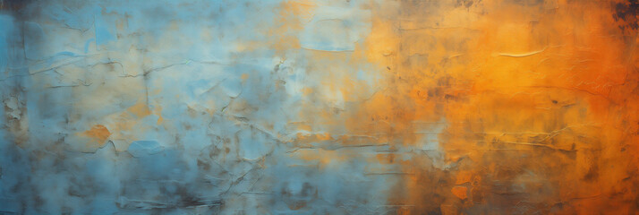 Abstract banner background with texture of wall painting and dark orange, yellow and blue colors.