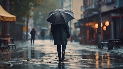Loneliness on the street in the rain: a person walking under an umbrella