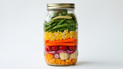 A jar of fermented mixed vegetables, showcasing a rainbow of colors from carrots, peas, and corn, against a white background