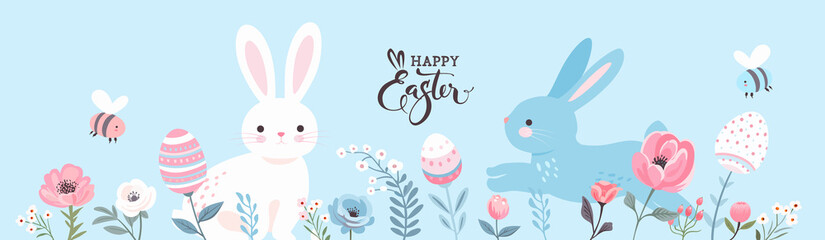 Happy Easter banner. Easter design with typography, Flowers, plants, easter eggs, bunnies, rabbits in pastel colors. Modern minimal style. Horizontal poster, greeting card, header - 692745863