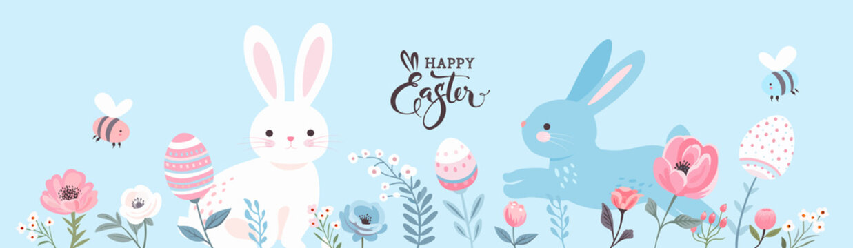 Happy Easter banner. Easter design with typography, Flowers, plants, easter eggs, bunnies, rabbits in pastel colors. Modern minimal style. Horizontal poster, greeting card, header