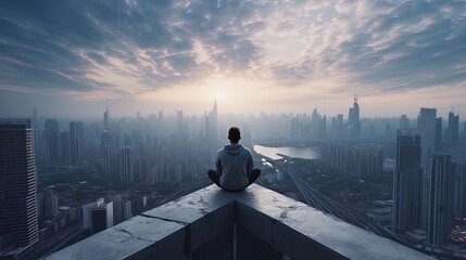 On the roof of the skyscraper: a lonely person looking at the horizon of the metropolis