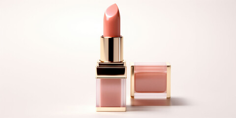 An peach fuzz color lipstick in a golden and pink case with its cap next to it on a white background. Make up a product photo shoot. Copy space.