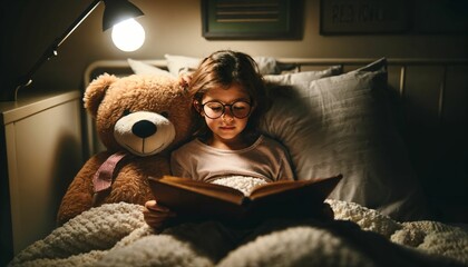 Young girl at bedtime in bedroom - reading book, childhood home, night scene - obrazy, fototapety, plakaty