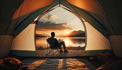 Morning tent view - camping at a lake shore, relaxing moment - obrazy, fototapety, plakaty