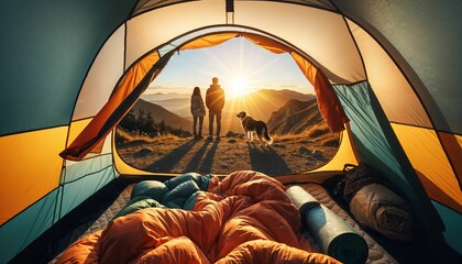 Nature camping experience - couple with a dog, mountain view from tent - obrazy, fototapety, plakaty