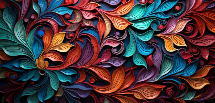 An intricate 3D wall texture mimicking a detailed, Art Nouveau floral pattern in vibrant colors. 8k,