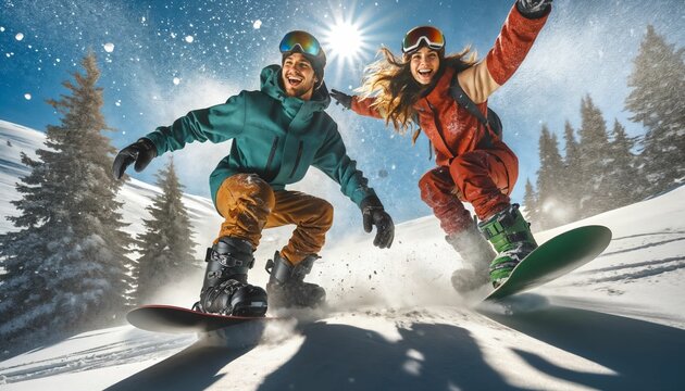 Winter fun at ski resort - joyful couple with snowboards jumping, snowboarding holiday