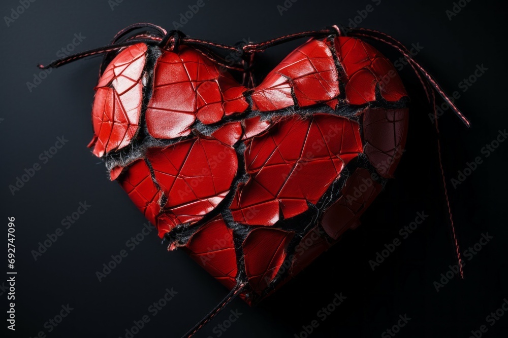 Poster broken heart with cracks. background with selective focus and copy space
