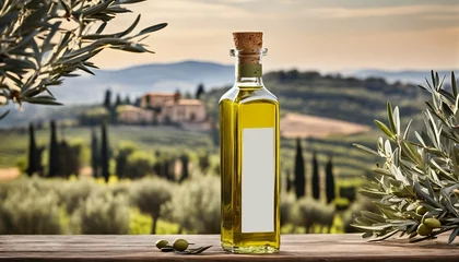 Fototapeten Healthy olive oil and olives set in nature - golden color, natural product photography © ibreakstock