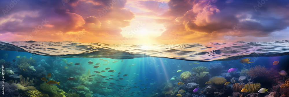Wall mural long banner with underwater world and vivid sunset sky. transparent deep water of the ocean or sea w - Wall murals