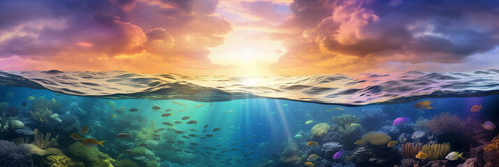 Long banner with underwater world and vivid sunset sky. Transparent deep water of the ocean or sea with rocks, fish and plants. - obrazy, fototapety, plakaty