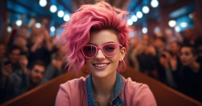 girl with pink hair holding smartphone taking a selfie at restaurant