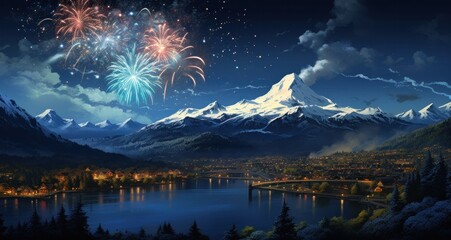 one of the mountains lights up as a fireworks explodes above it to the side - obrazy, fototapety, plakaty