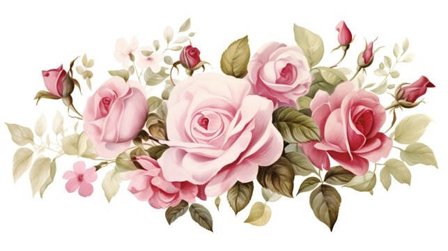  Vector set with beautiful roses and leaves. Botanic Design for banner, wedding, poster, invitation, cover, placard, brochure, header. generative ai