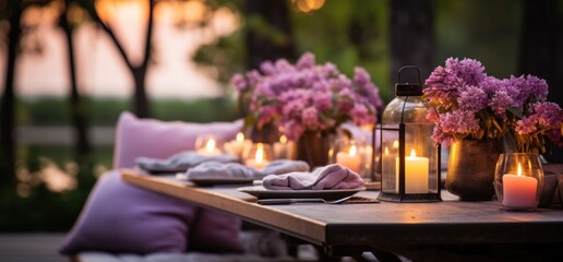 sitting outdoors, candles and flowers create a romantic dining environment