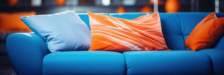 the blue and orange cushion is on its own table