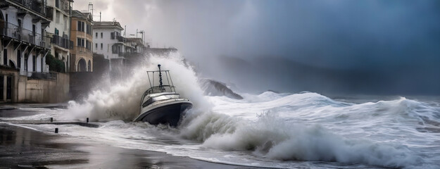 A boat battles the ferocious sea, waves crashing over the bow as a storm looms, nature's unbridled...